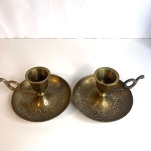 Pair Vintage Brass Candlestick Chamber Stick Finger Holder MCM Etched Floral